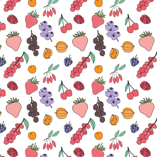 Seamless pattern background of hand drawn vector mixed berry fruit on white background