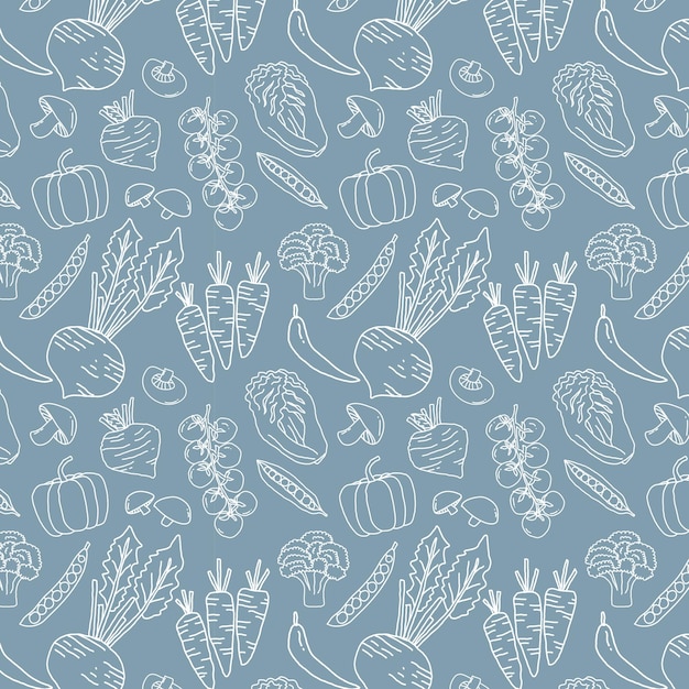 Seamless pattern background of hand drawn vegetable collection on grey background