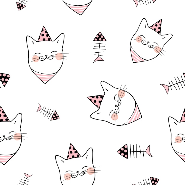 Seamless pattern background head of cat on white