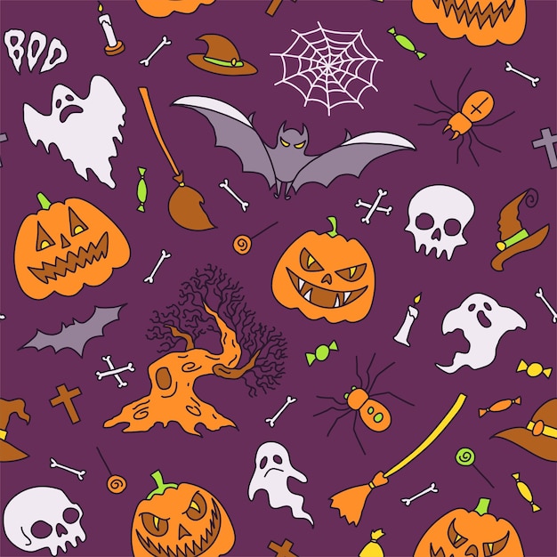 Seamless pattern background Vector illustration halloween party elements Set of icons in cartoon