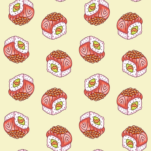 Seamless pattern background with bright cute sushi hand drawn doodles Asianfood Contour drawing with outline asian food vector illustration backdrop print wallpaper