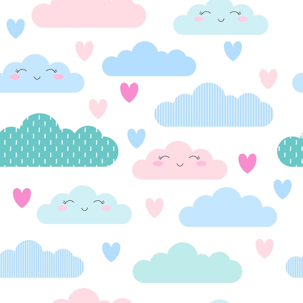 Vector seamless pattern background with cute clouds and hearts vector illustration for kids fabric summer background wallpaper backdrop