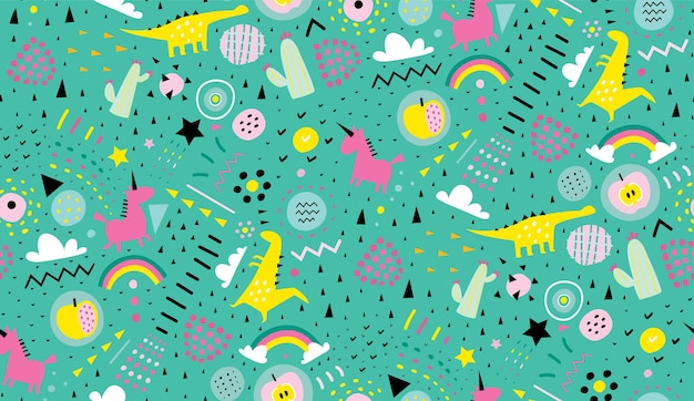 Seamless pattern background with dinosaurs unicorns and rainbows, repeat pattern for decoration design. Textile print for boys and girls. Trendy style vector hand drawn design.