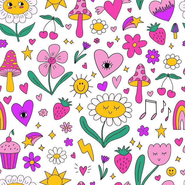 Seamless pattern background with many various different small cute kawaii y2k doodle elements vector