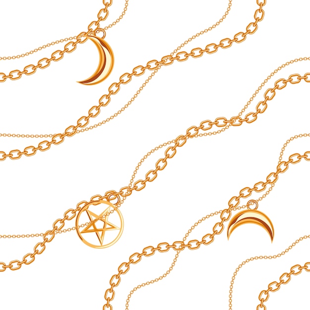 Seamless pattern background with pentagram and moon pendants on golden metallic chain.