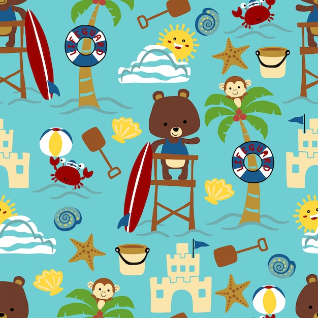 seamless pattern of beach theme cartoon with animals