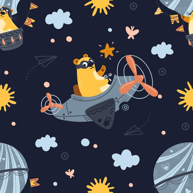 Seamless pattern bear flying on an airplane, hot air balloon. Cute cartoon Teddy bear flying in the night sky.