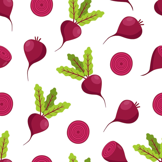 Seamless Pattern Beetroot with leaves and beets in the cut. cartoon.