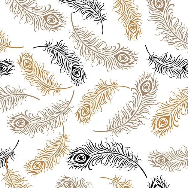 Seamless pattern, beige and gray peacock feathers on a white background
