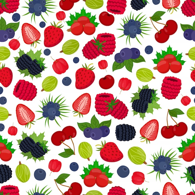 Seamless pattern of berries. Strawberry, black currant, bluberry, gooseberry, cherry, acerola