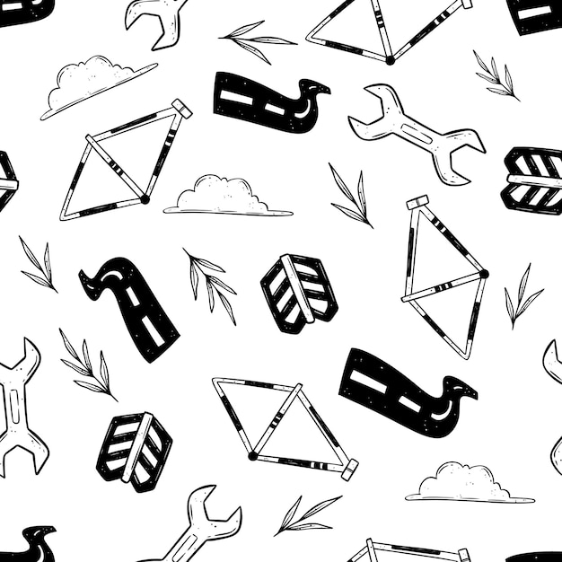 Seamless pattern bicycle elements with hand drawn style bicycle part bradawl and branches vector