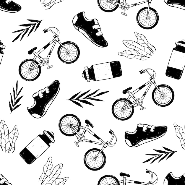 Seamless pattern bicycle elements with hand drawn style water bottle sport shoes and branches