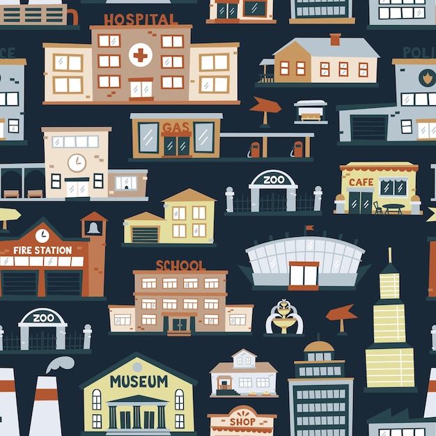 Seamless pattern big city isolated dark background houses and buildings flat style Cute print fabric