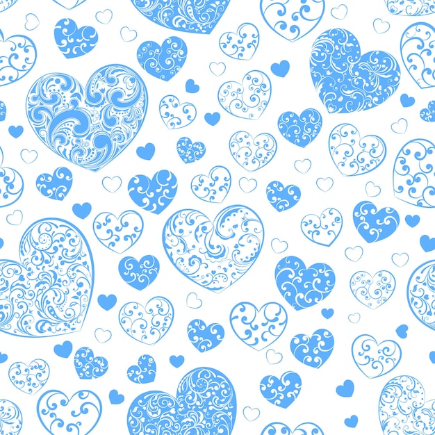 Seamless pattern of big and small hearts with curls blue on white