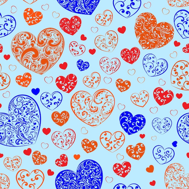 Seamless pattern of big and small hearts with curls multicolored on light blue