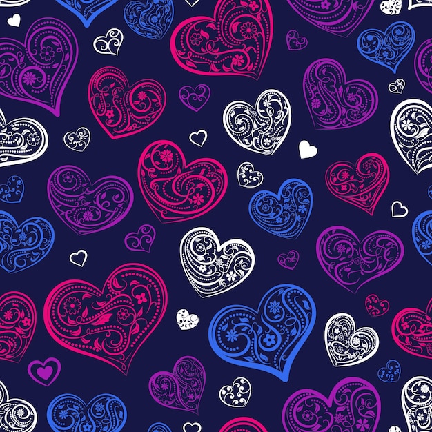 Seamless pattern of big and small hearts with ornament of curls flowers and leaves multicolored on dark blue