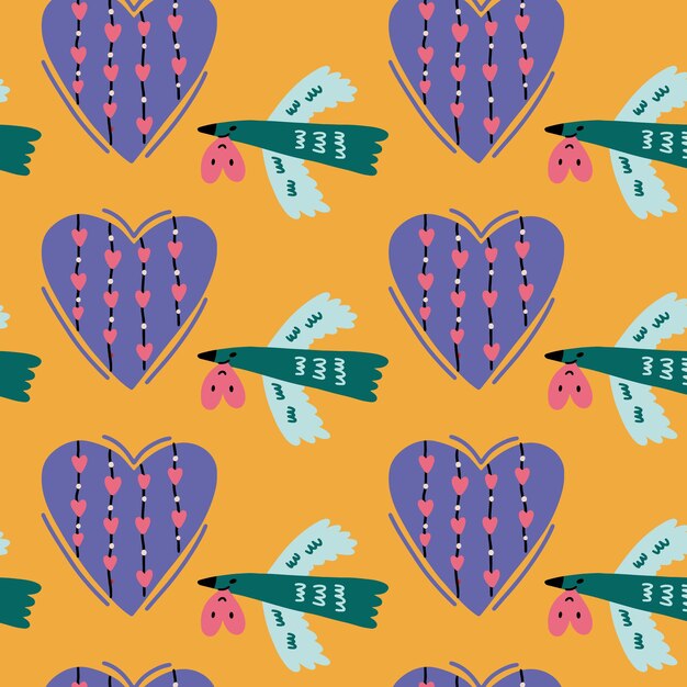 Seamless pattern bird with heart. Valentine's Day digital paper wallpaper textile fabric repeat background