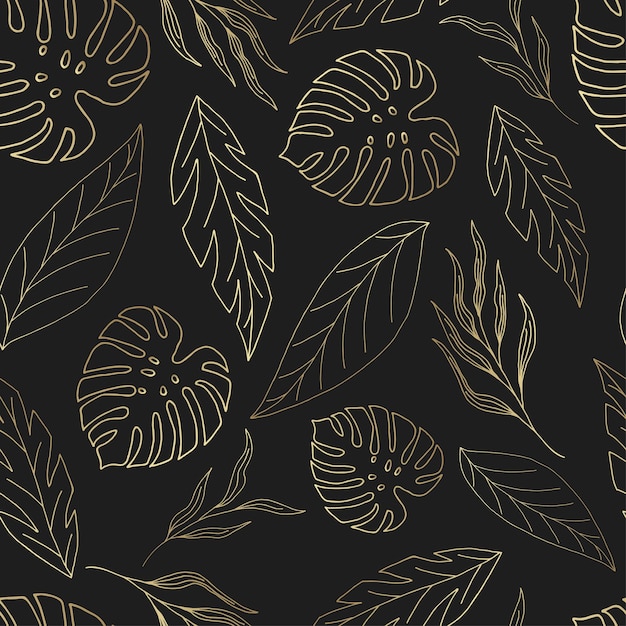 seamless pattern on a black background golden leaves hand drawn