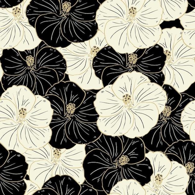 Seamless pattern, black and beige hibiscus flowers with a golden outline. Retro print, textile