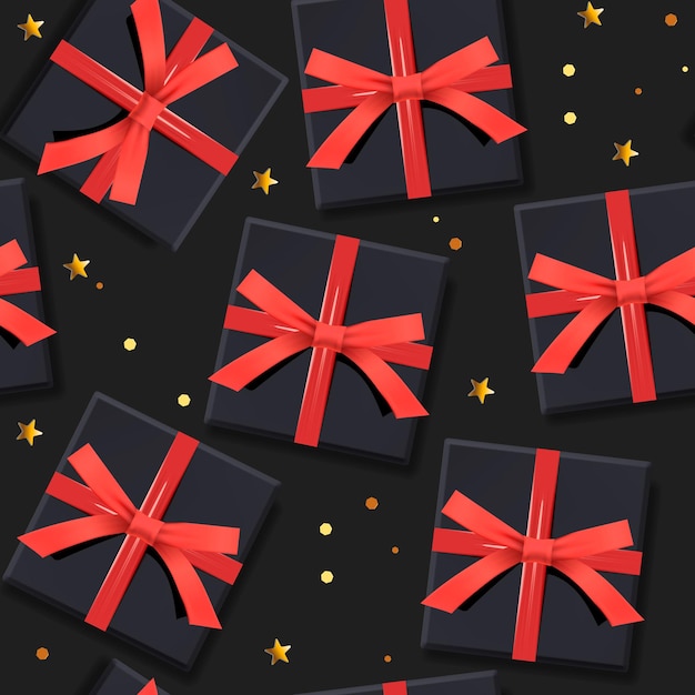 Seamless pattern of black gift boxes with red ribbon bow Christmas design vector image