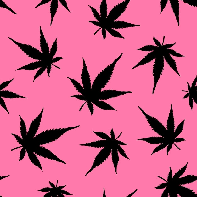 Seamless pattern of black hemp on a pink backgroundBlack hemp leaves on a pink background Marijuana pattern Vector illustration