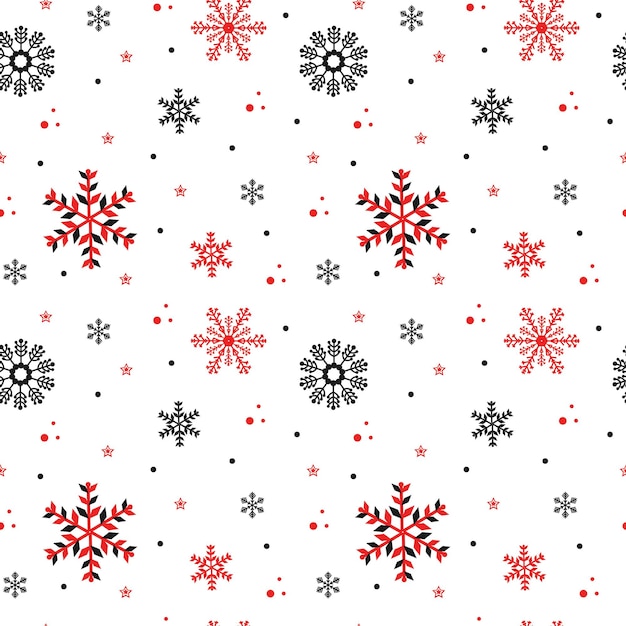 Seamless pattern. Black and red snowflakes on a white background. For fabric, textile, wrapping paper, invitation, wallpaper and design.Vector illustration