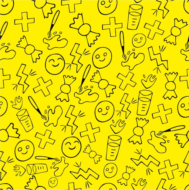 Seamless pattern of black school doodles on a yellow background