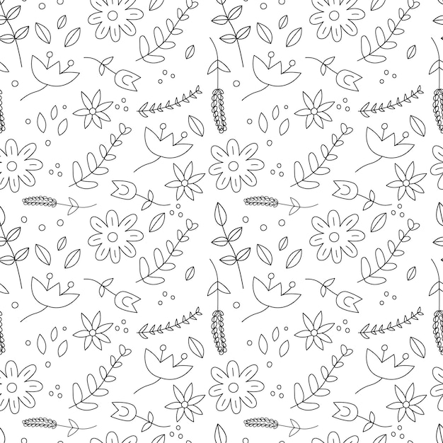 Seamless pattern black and white doodle illustration Floral background with leaves and flower