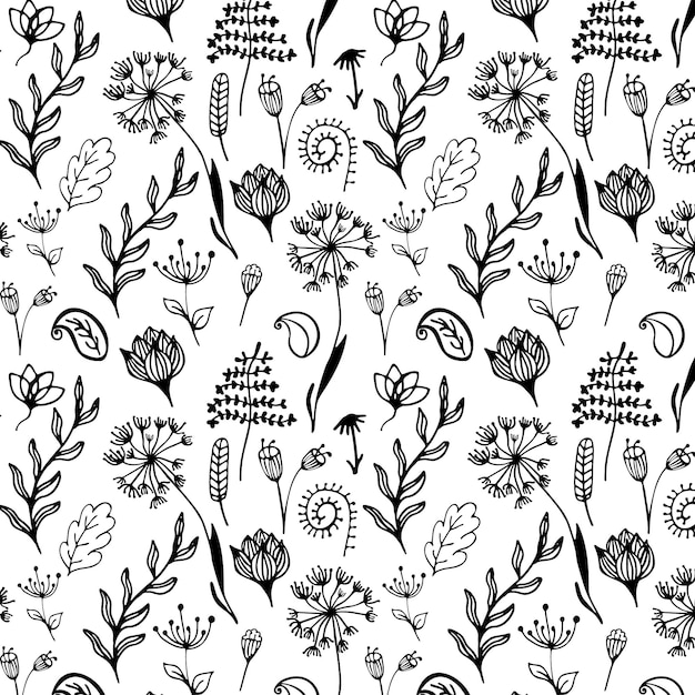 Seamless pattern of black and white flowers on a transparent background