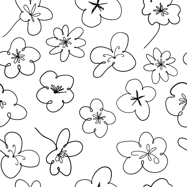 Seamless pattern of black and white handdrawn flowers