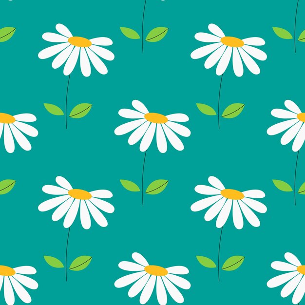 Seamless pattern of blooming chamomile flowers on stems on blue Daisy wild camomiles Cute plants