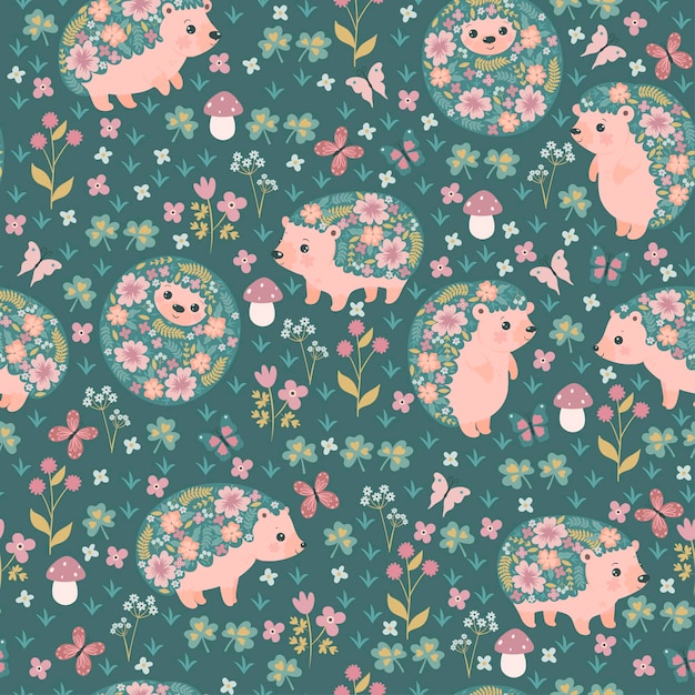 Seamless pattern of blooming hedgehogs and flowers