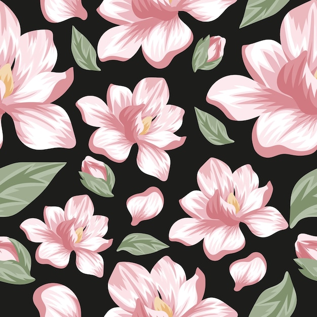 seamless pattern of blooming magnolia tree namely open flower bud unopened bud and green tree leav