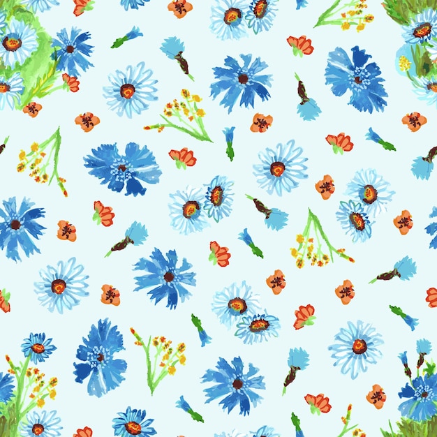 seamless pattern on blue background watercolor flowers