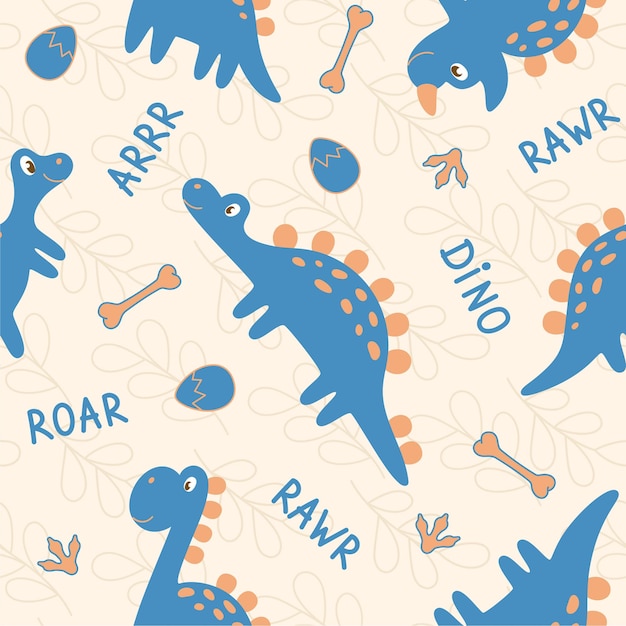 Seamless pattern of blue dinosaurs with letters on beige background. Perfect for kids design, fabric, wrapping, wallpaper, textile, home decor.