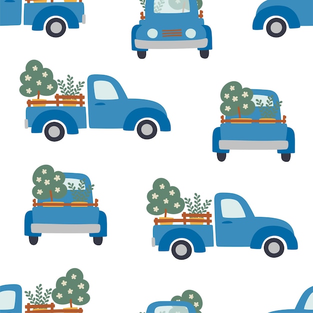 Seamless pattern of blue farm pickups transporting fruit trees on white background.