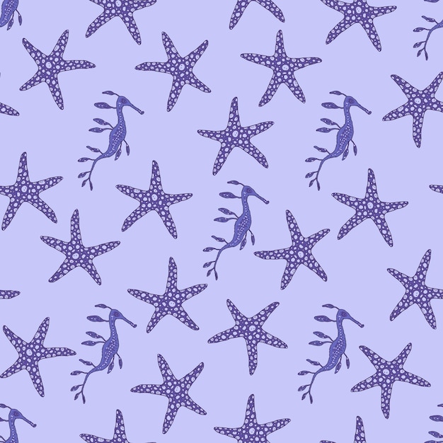 Seamless pattern of blue seahorse and seastar Vector coralline reef ocean animals underwater life doodle sketch background