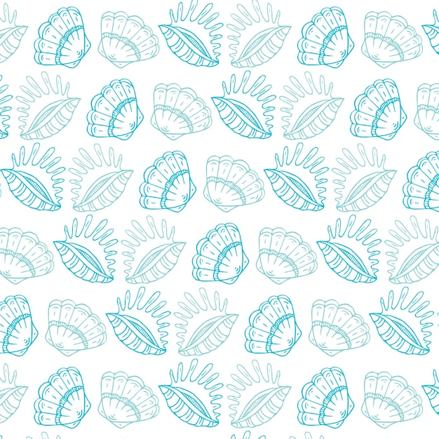 Seamless pattern of blue seashells. Sea shells hand drawn illustration set isolated on white