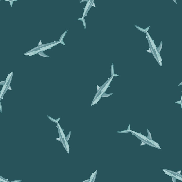 Seamless pattern Blue shark on teal background. Texture of marine fish for any purpose. Random template for textile fabric design. Simple vector ornament.