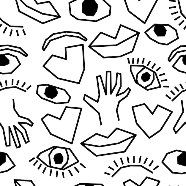 Seamless pattern body parts pattern heart eye lips oneline style on white line color