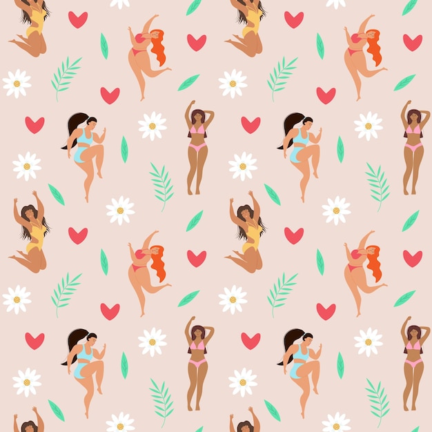 Seamless pattern of body positive happy women hearts daisies leaves and twigs