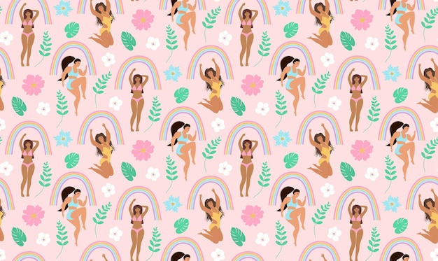 Seamless pattern of body positive happy women rainbows flowers monstera leaves and twigs