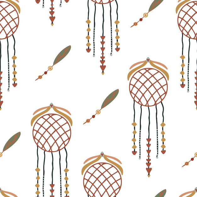 Seamless pattern Boho dreamcatcher with feathers