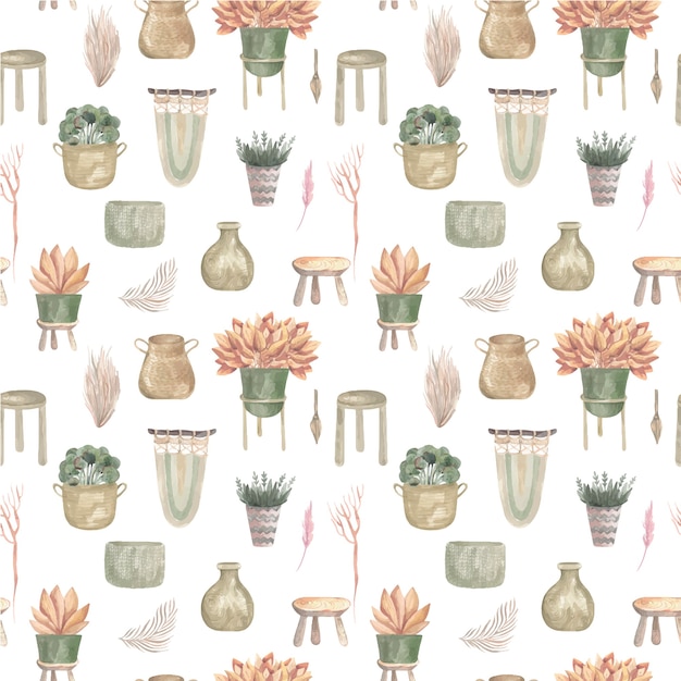 Seamless pattern of boho plants and indoor flowers in baskets and hanging pots macrame decor.