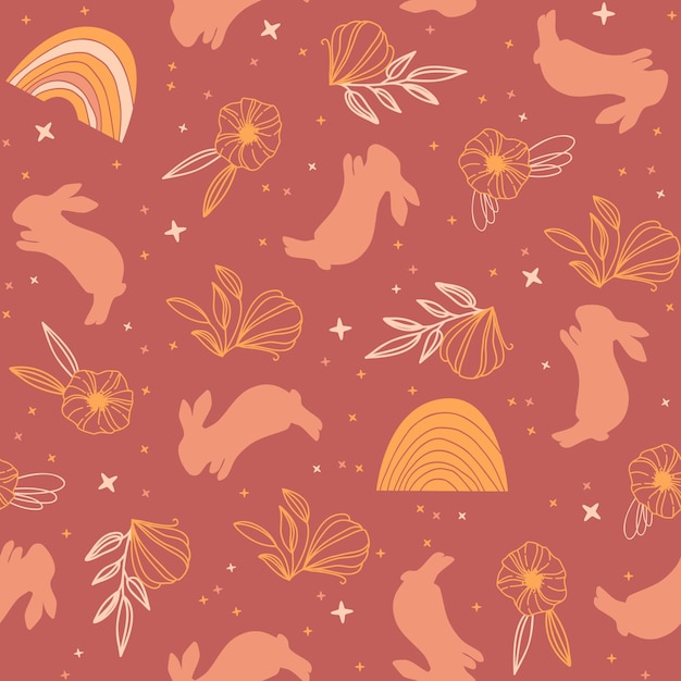 Seamless pattern in boho style with Easter bunnies flowers stars and rainbows on red background