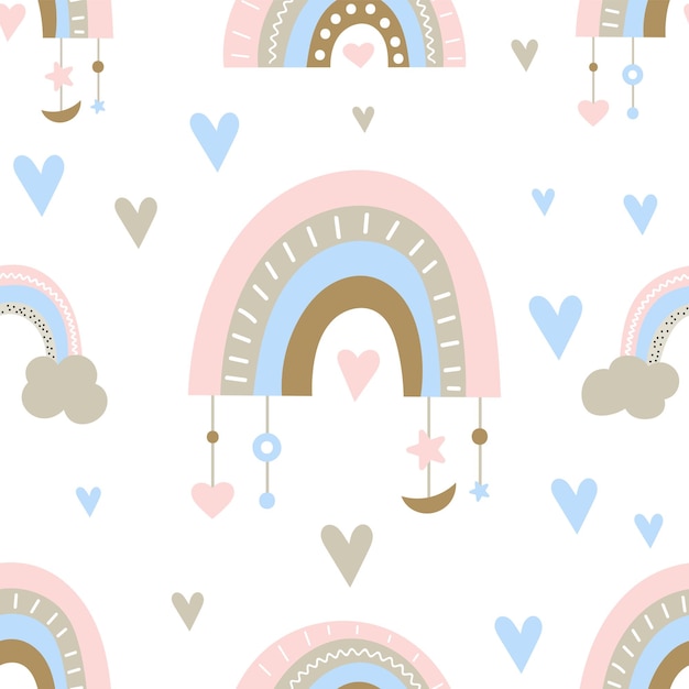 Seamless pattern in boho style with rainbows hearts stars clouds