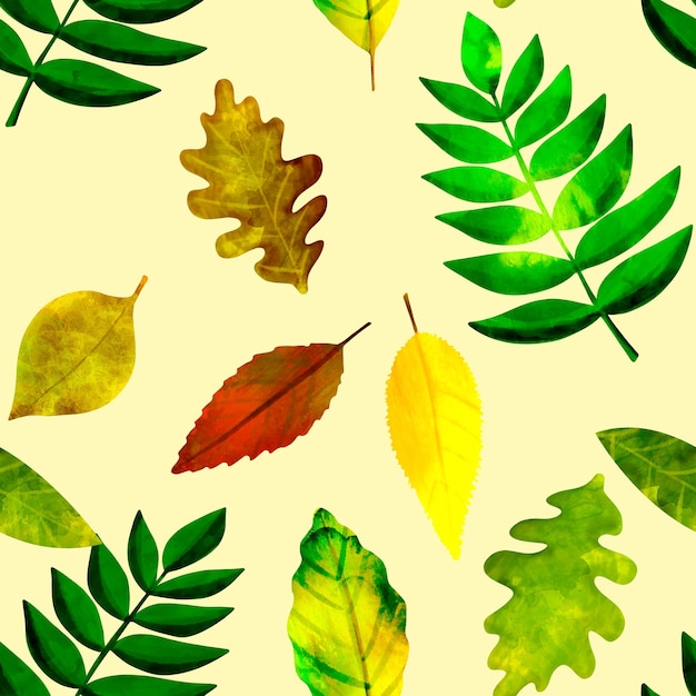 Seamless pattern Botanical illustration Autumn leaves on a light yellow