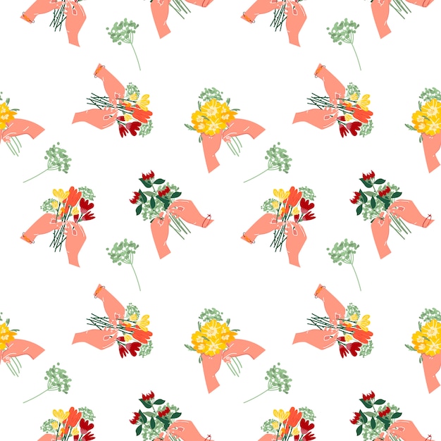 Seamless pattern of a bouquet of flowers in your hands. Summer flowers on a white isolated background.