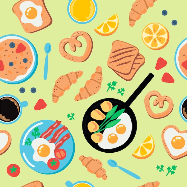 Seamless pattern breakfast scrambled eggs coffee croissants bacon orange juice Vector illustration