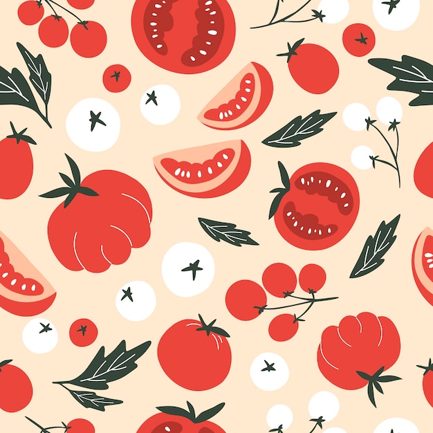 Seamless pattern of bright colorful tomatoes on a light background in a modern style. Vector illustration